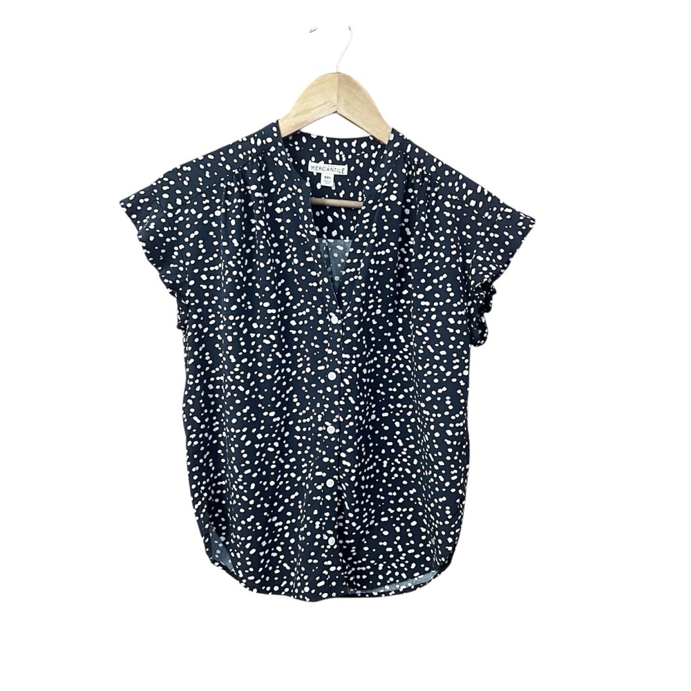 J. Crew Mercantile Women’s Top XXS Navy Polka Dot Dainty Cap Ruffle Button Down